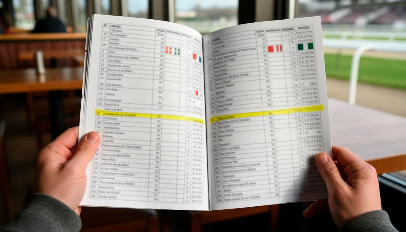 Programme de course hippique avec données sur les chevaux, jockeys et conditions de terrain