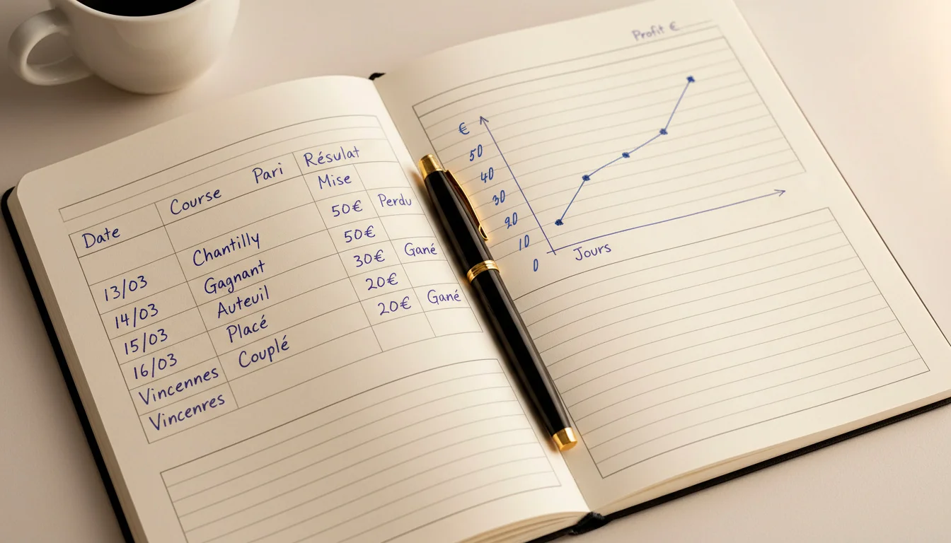 Carnet de notes ouvert avec des colonnes de suivi de paris hippiques et un stylo