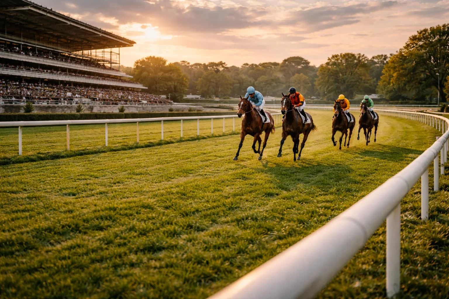 Vue panoramique d'un hippodrome français avec pelouse verte et tribunes sous le soleil