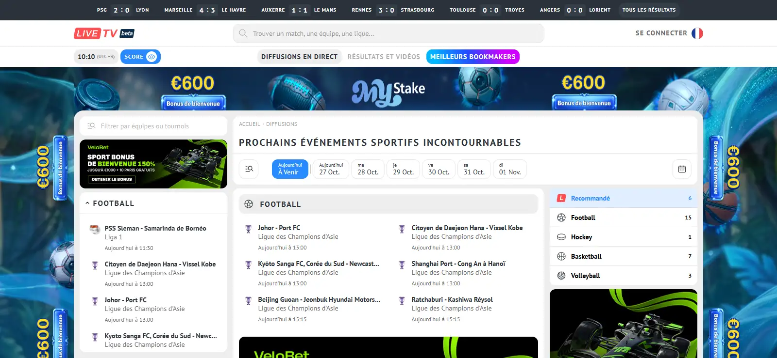 Calendrier des prochains événements sportifs avec filtres par discipline