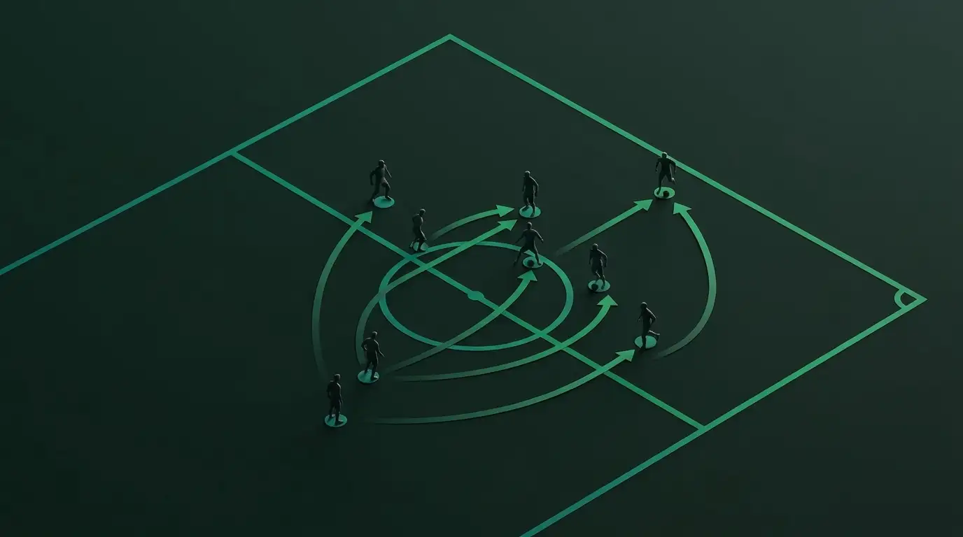 Vue plongeante sur des trajectoires tactiques de joueurs de football stylisés
