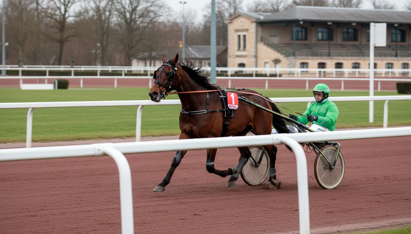 Trotteur attelé en course sur la piste de l'hippodrome de Vincennes